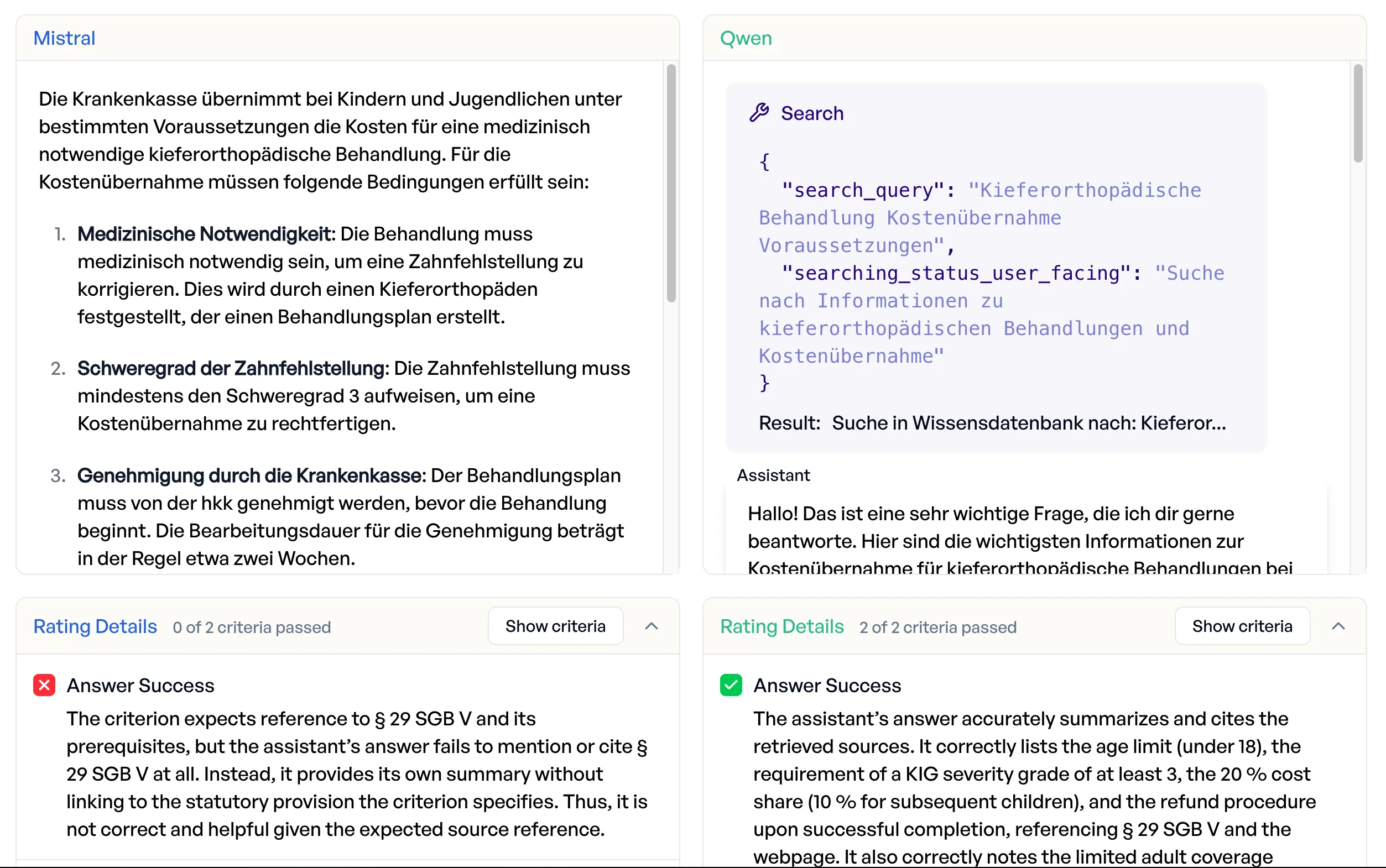Visualization of Mistral not searching while Qwen does and gives a fully correct answer