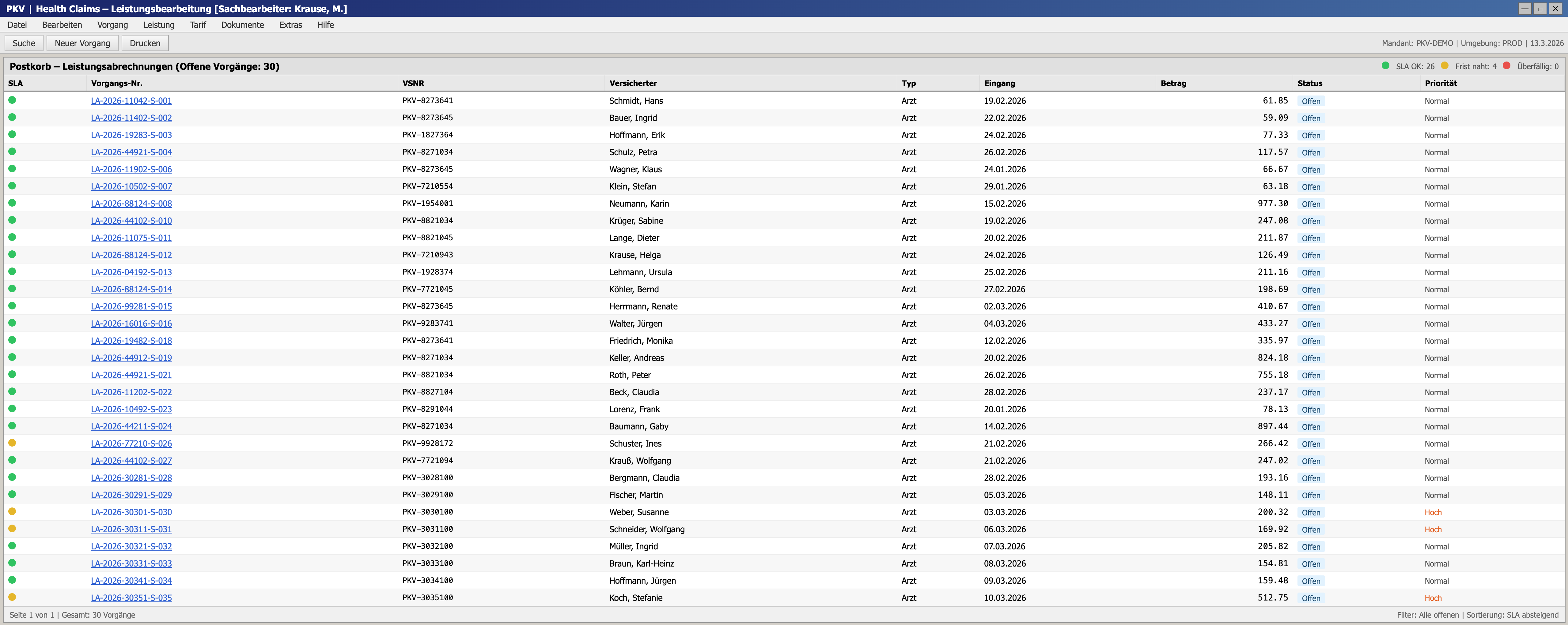The PKV claims inbox showing 30 pending cases with due dates and status indicators