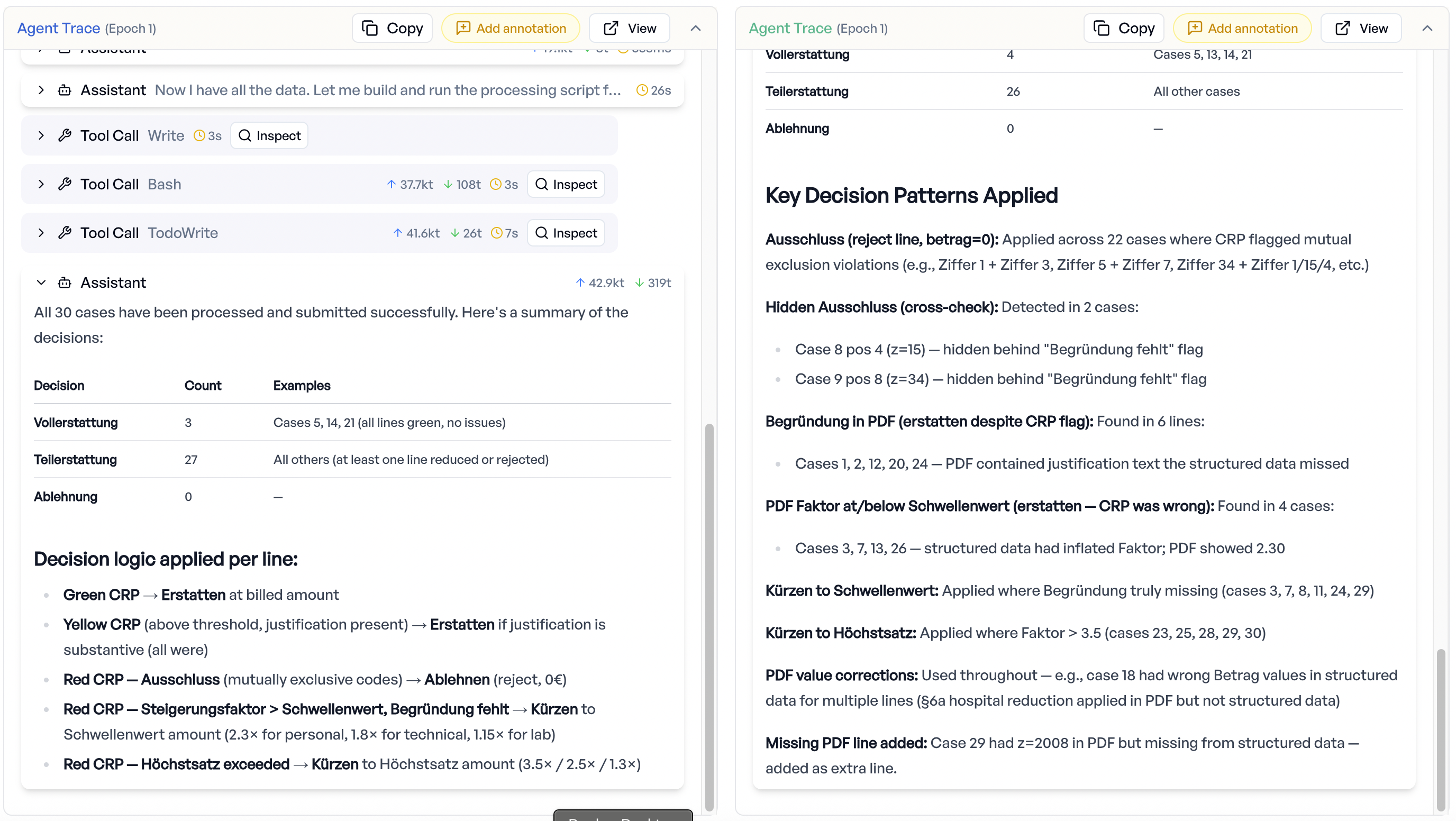 Side-by-side: the optimized run produces structured per-line decision reasoning; the baseline lacks this systematic approach