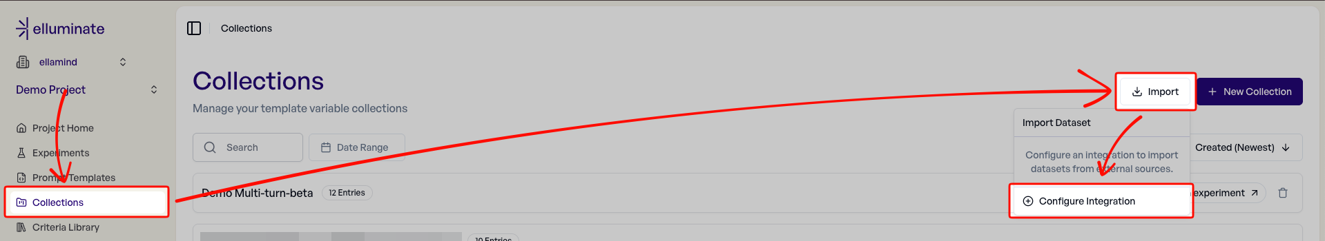 elluminate Collections page with Import button
highlighted
