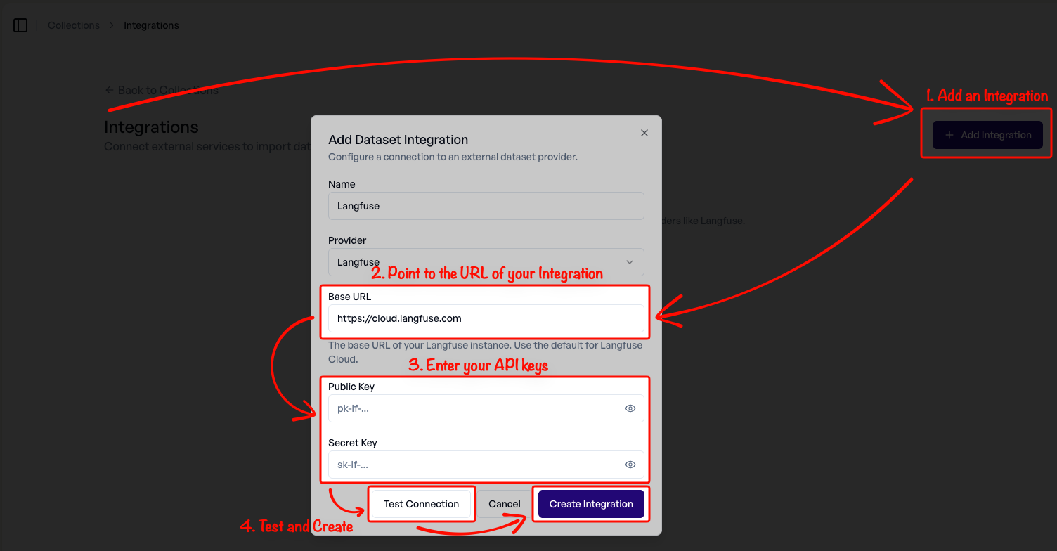 Add Langfuse integration dialog with API key
fields