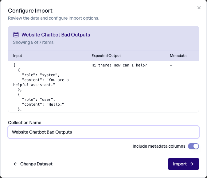 Dataset preview and import configuration
dialog