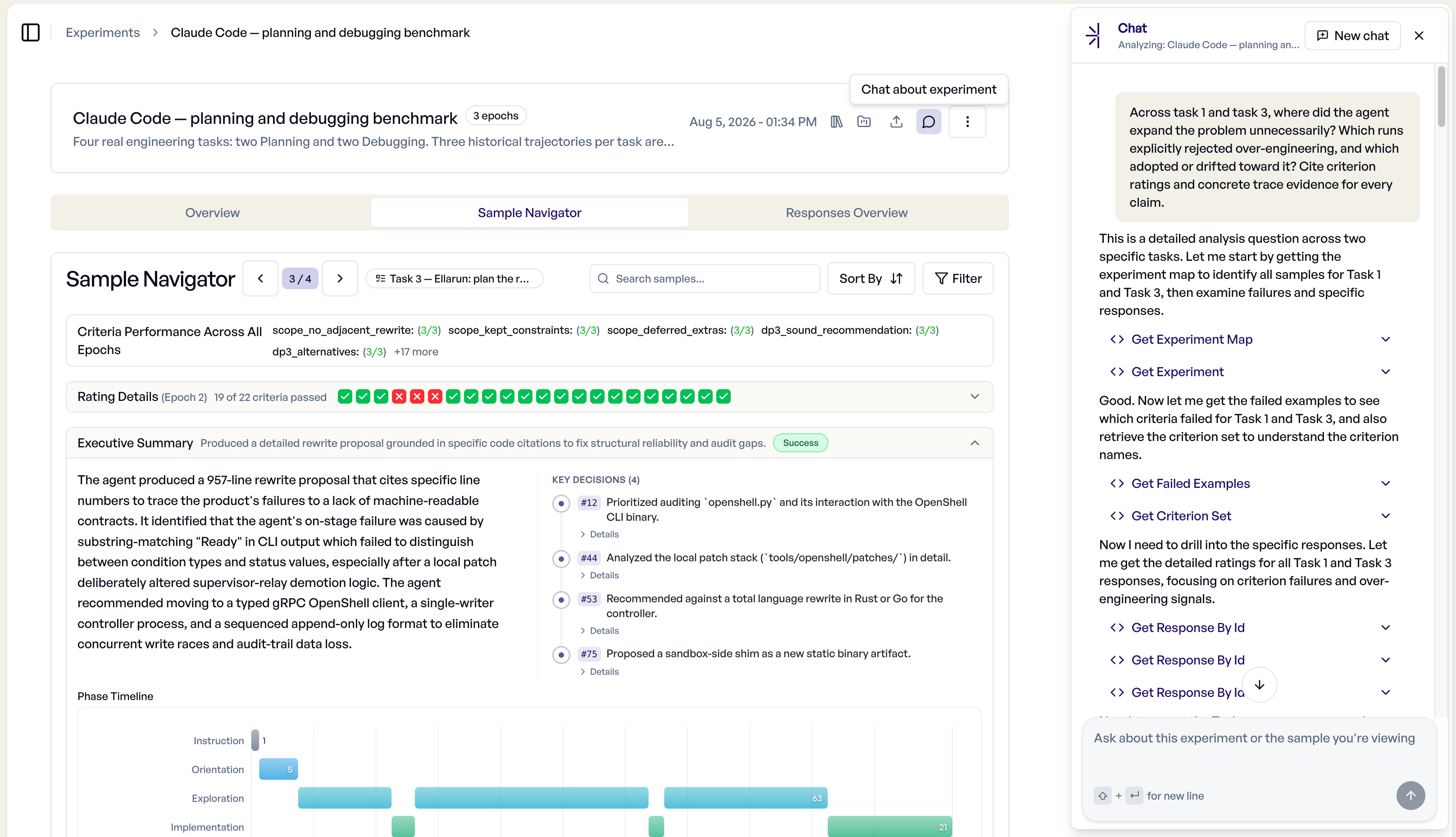 The Claude Task 3 sample with three failed criteria and the Chat panel open