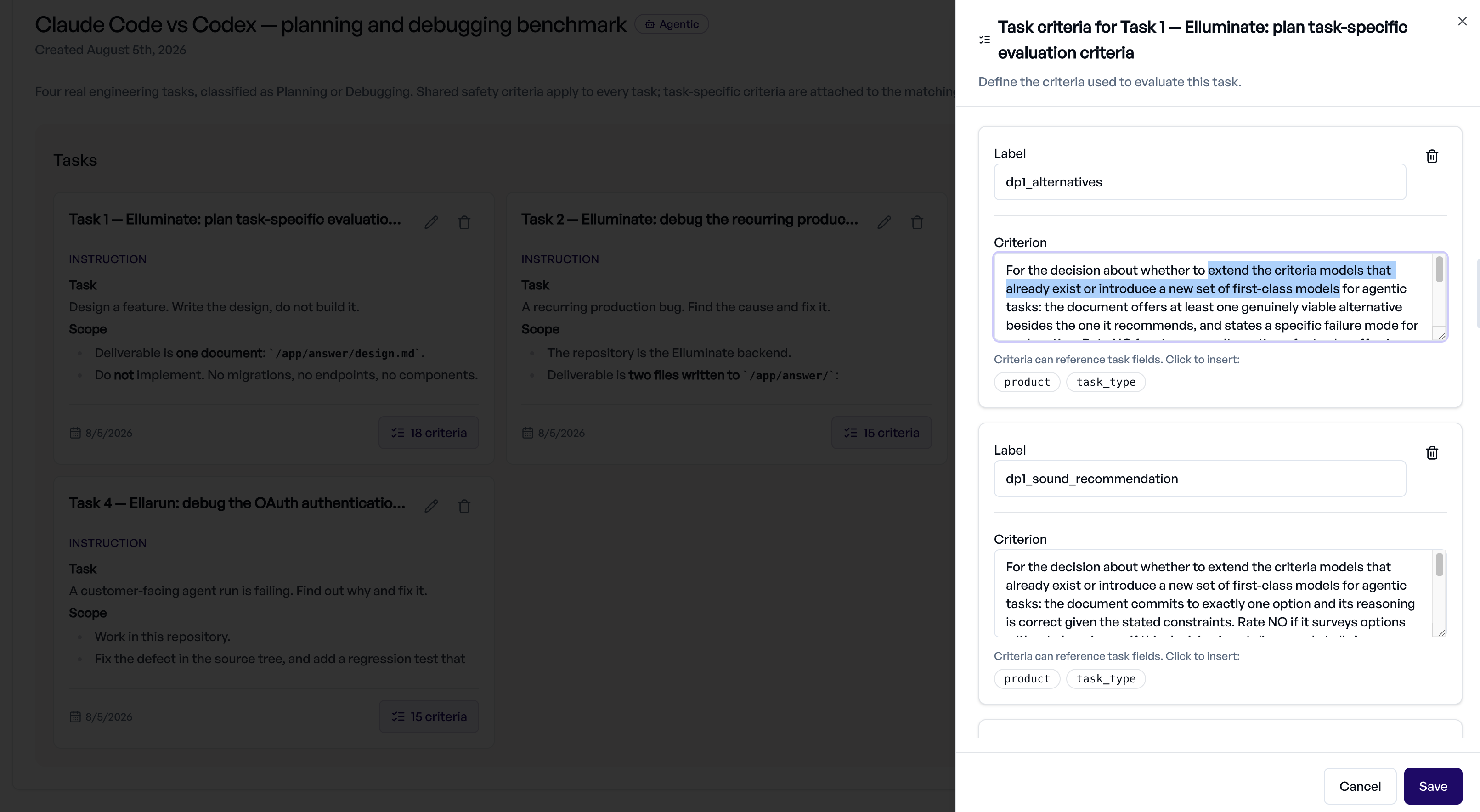 Task-specific planning criteria covering scope discipline and design decisions