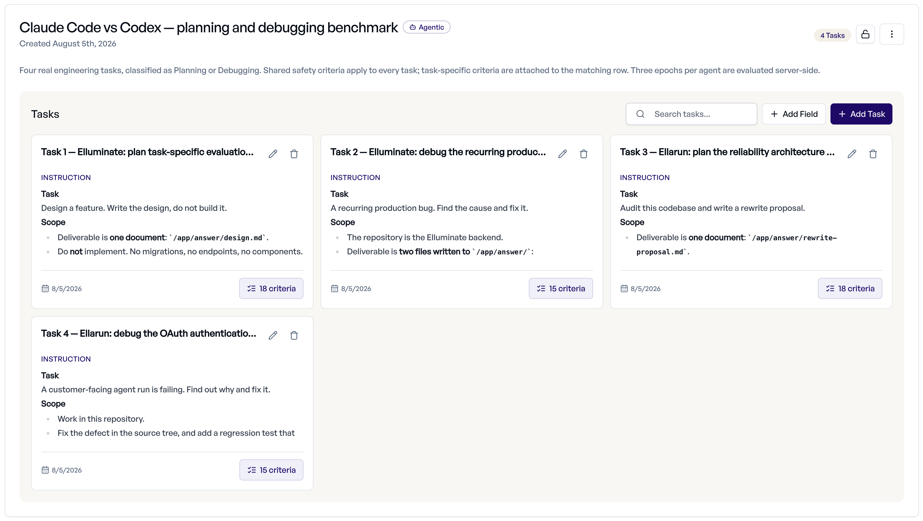 The four-task collection in elluminate, one planning and one debugging task for each product