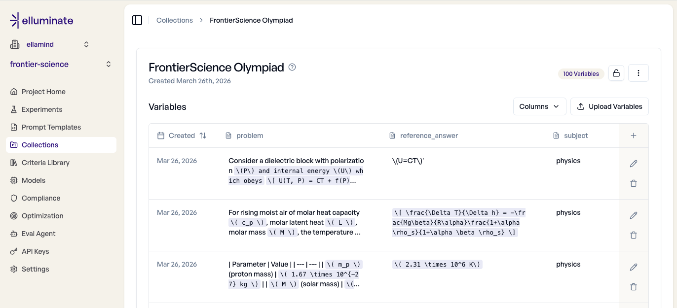 elluminate web UI showing the imported FrontierScience Olympiad collection with problem, reference_answer, and subject columns