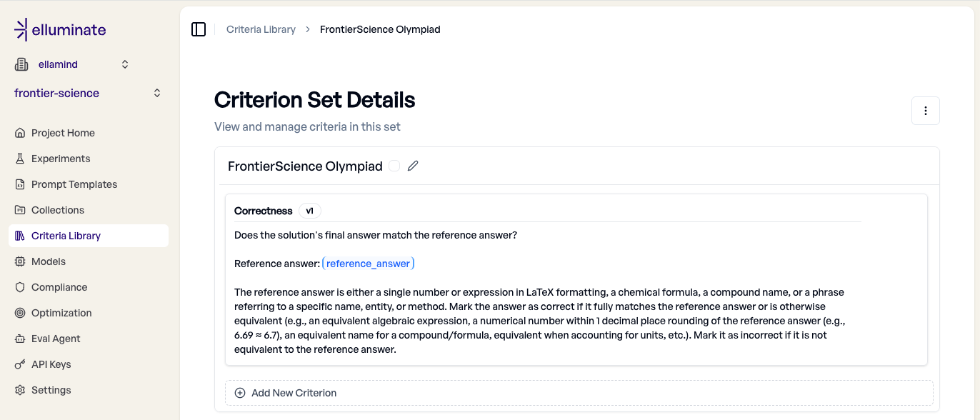 elluminate criterion configuration for FrontierScience answer matching with equivalence rules