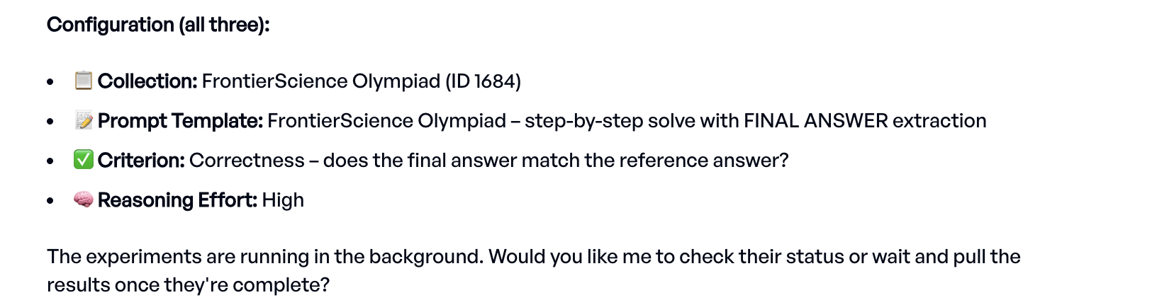 elluminate Eval Agent configuring and starting experiments for each model