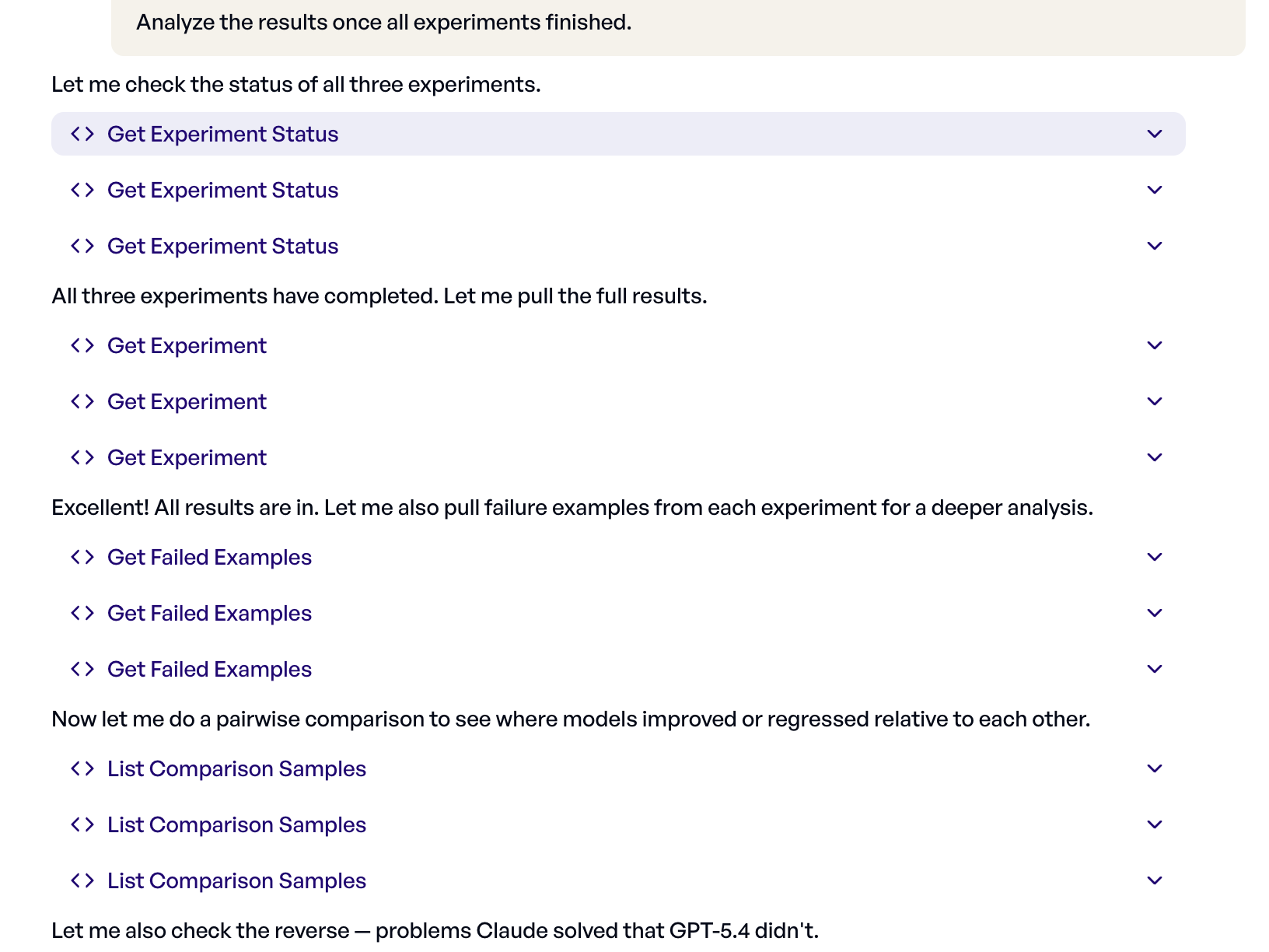 elluminate Eval Agent receiving the request to analyze FrontierScience experiment results