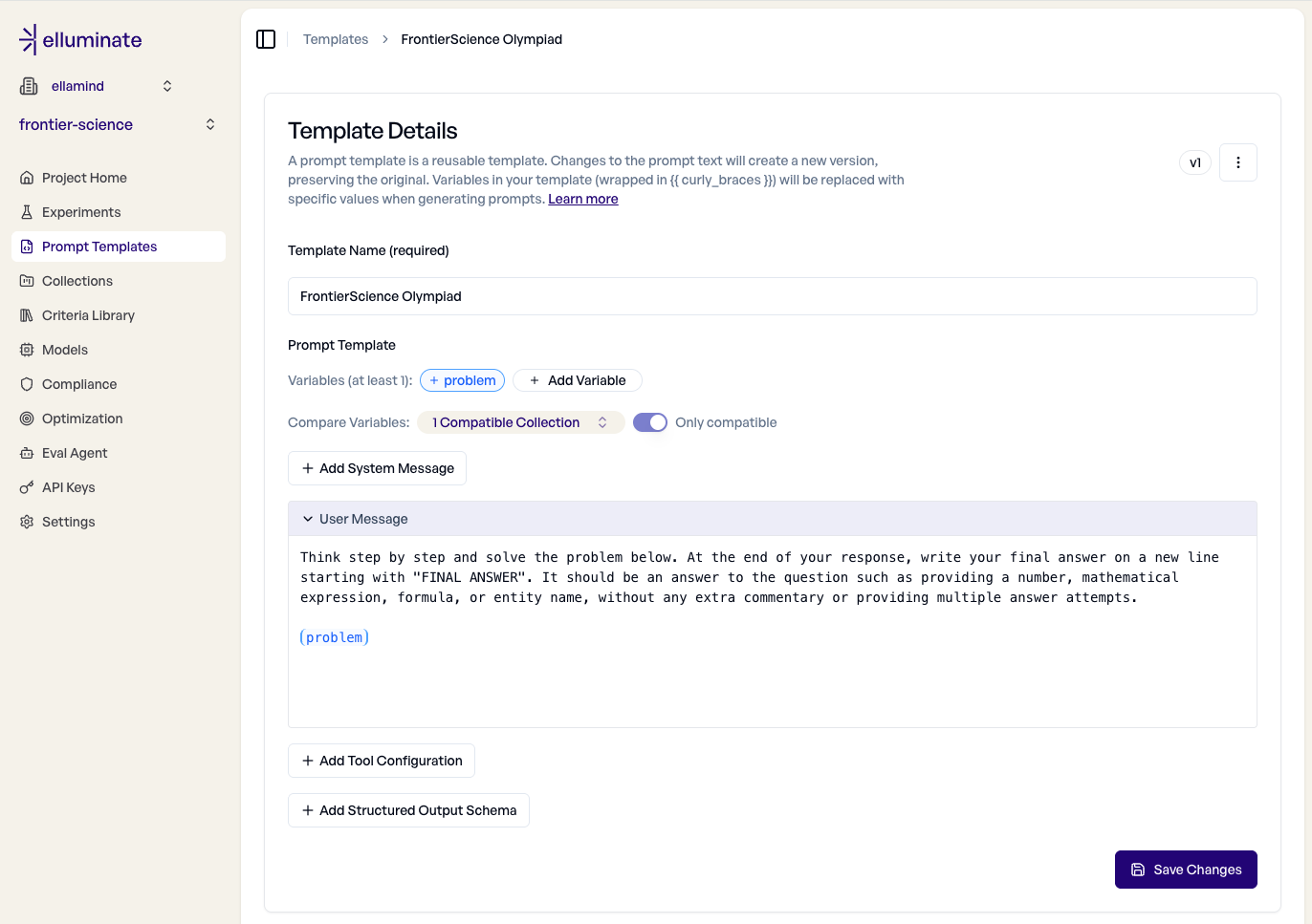 elluminate prompt template editor showing the FrontierScience problem template with step-by-step instructions