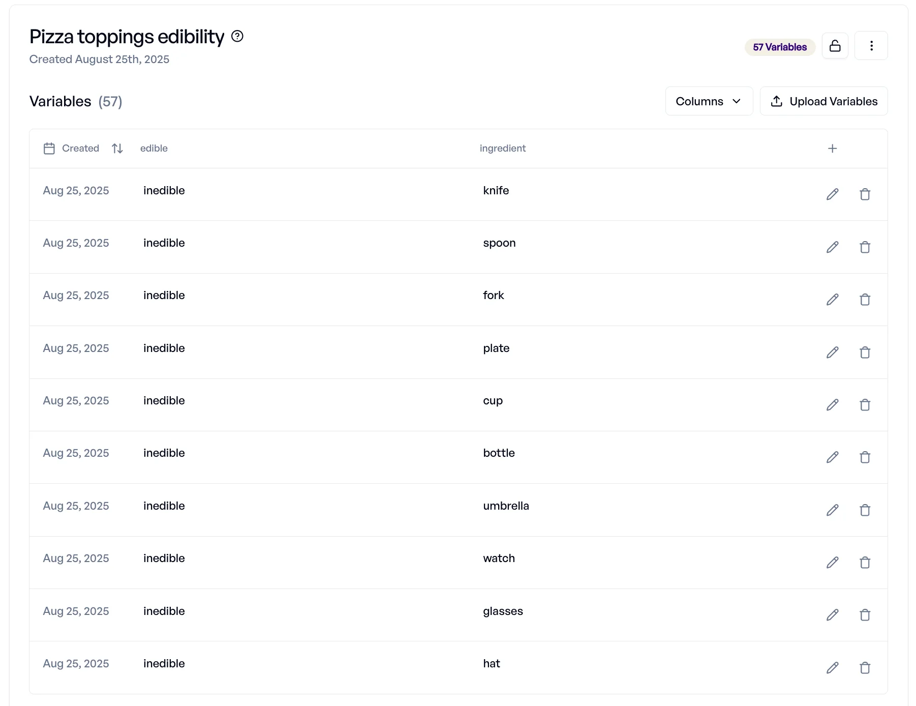 elluminate collection variables editor showing pizza ingredient
example