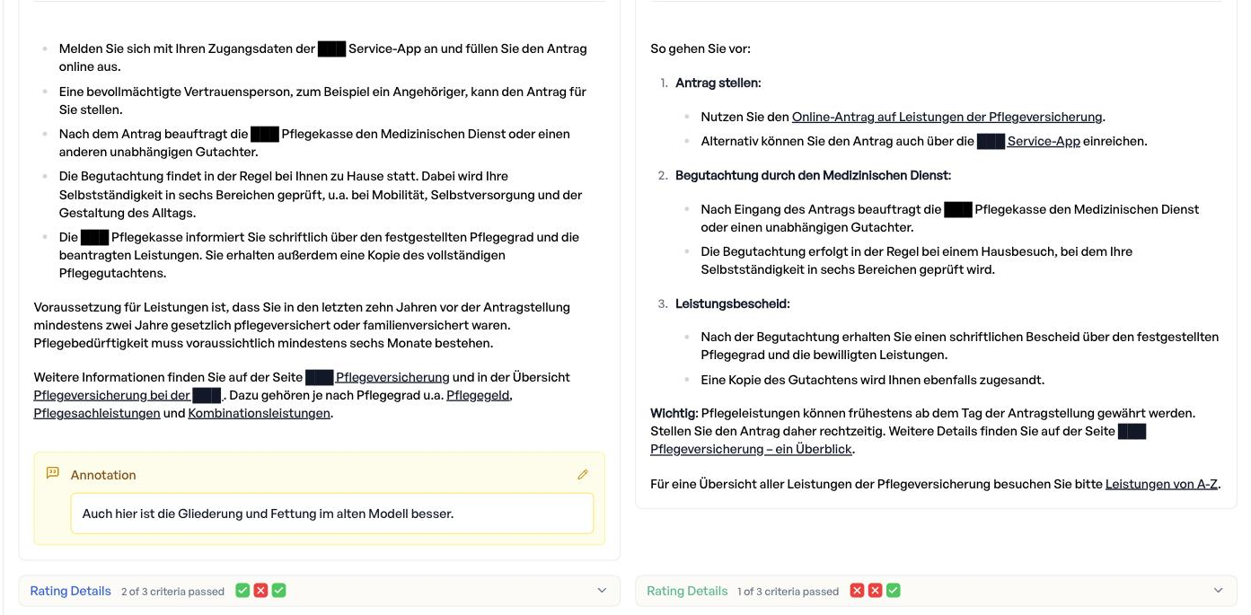 Zwei Antworten nebeneinander in elluminate mit einer Experten-Annotation. Die Antwort des alten Modells nutzt gefettete, nummerierte Überschriften; die Antwort des neuen Modells ist eine flache Aufzählung. Die Annotation lautet: "Auch hier ist die Gliederung und Fettung im alten Modell besser."