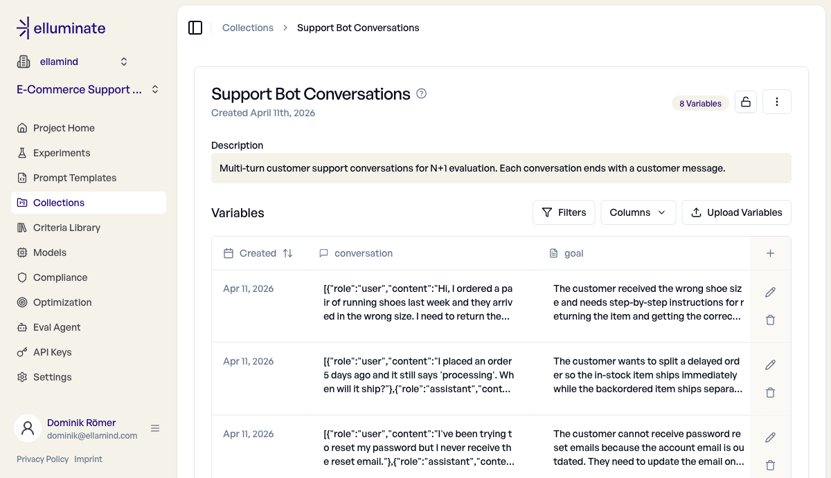 Collection with conversation, goal, and category columns