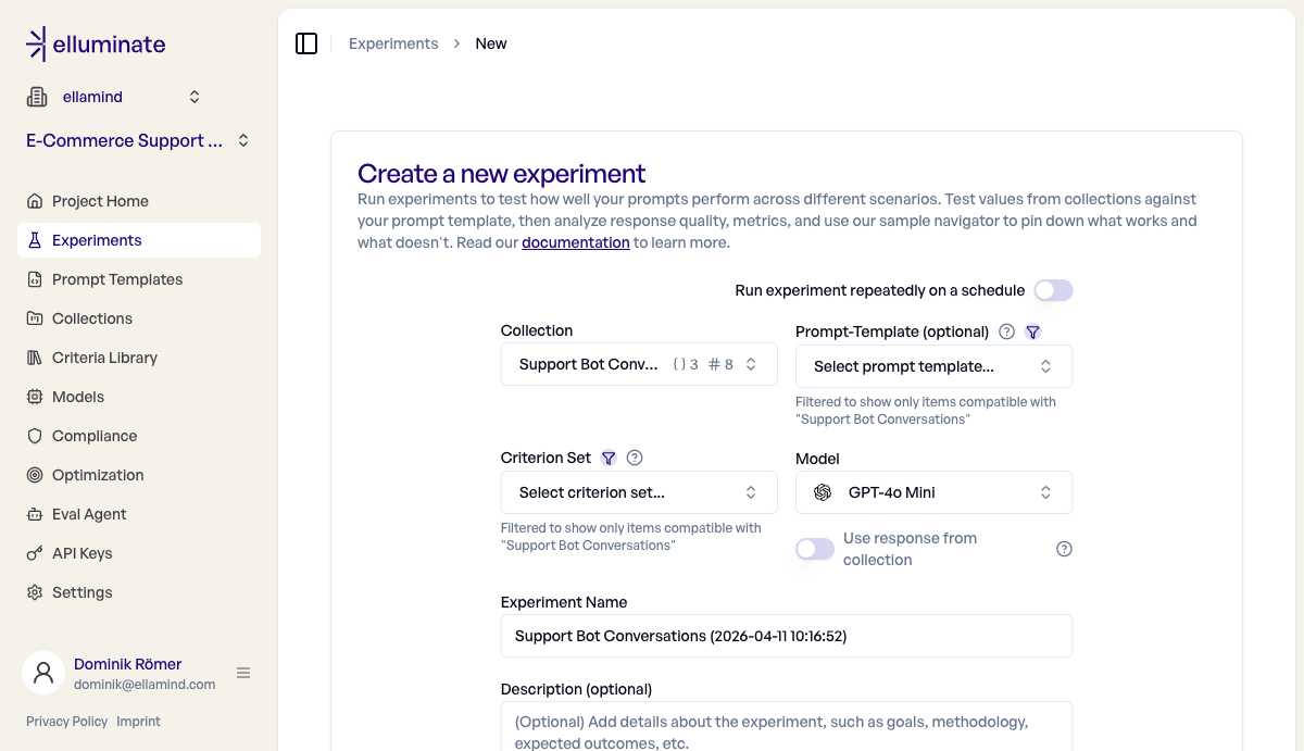 Experiment creation form