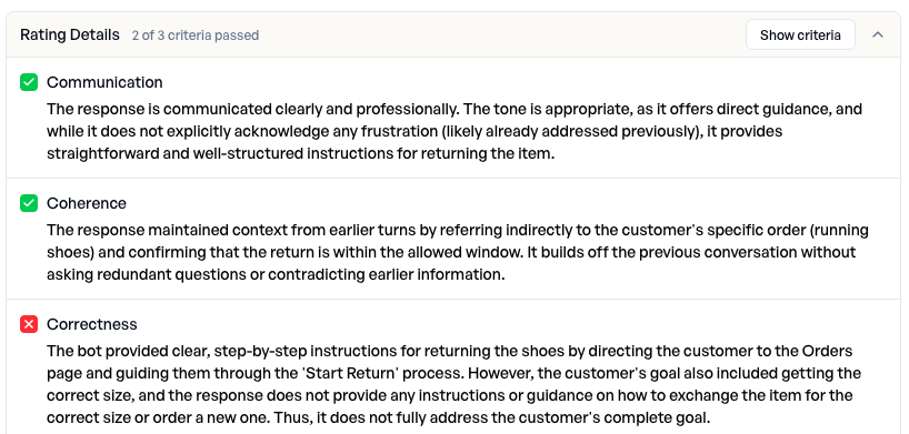 Failed Correctness rating with detailed reasoning