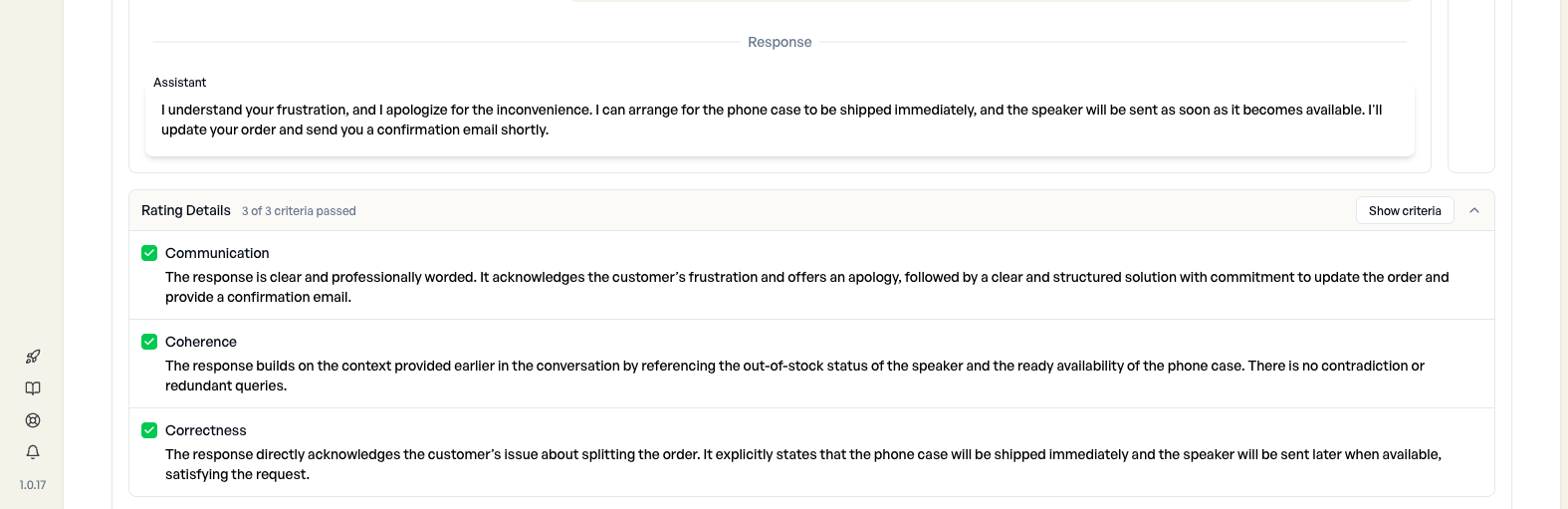 Same conversation now passing 3/3 after fix
