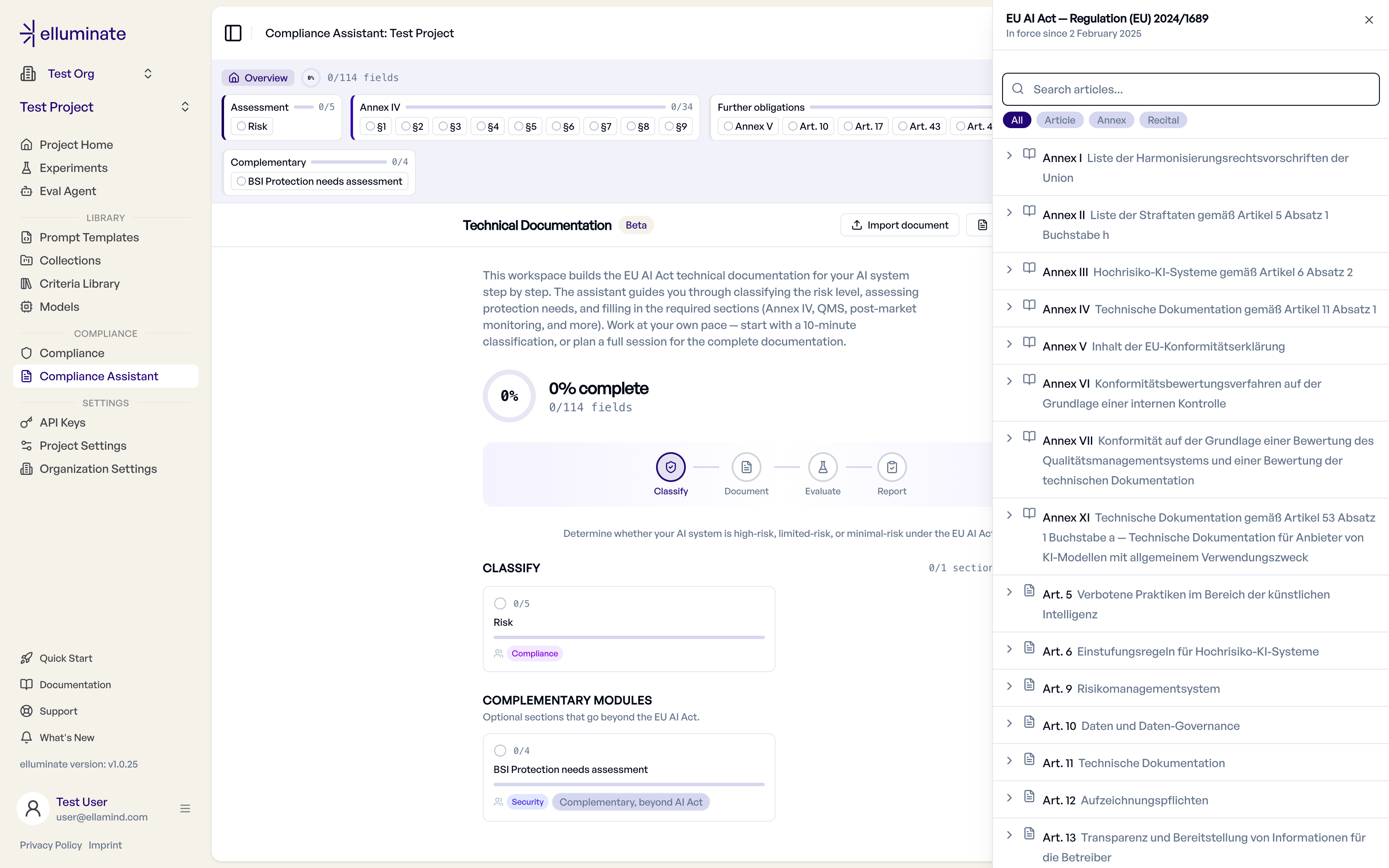 Jedes Feld verweist auf die zugrunde liegende Regulierung – den genauen Rechtstext. Echte Produktaufnahme, synthetische Testdaten.