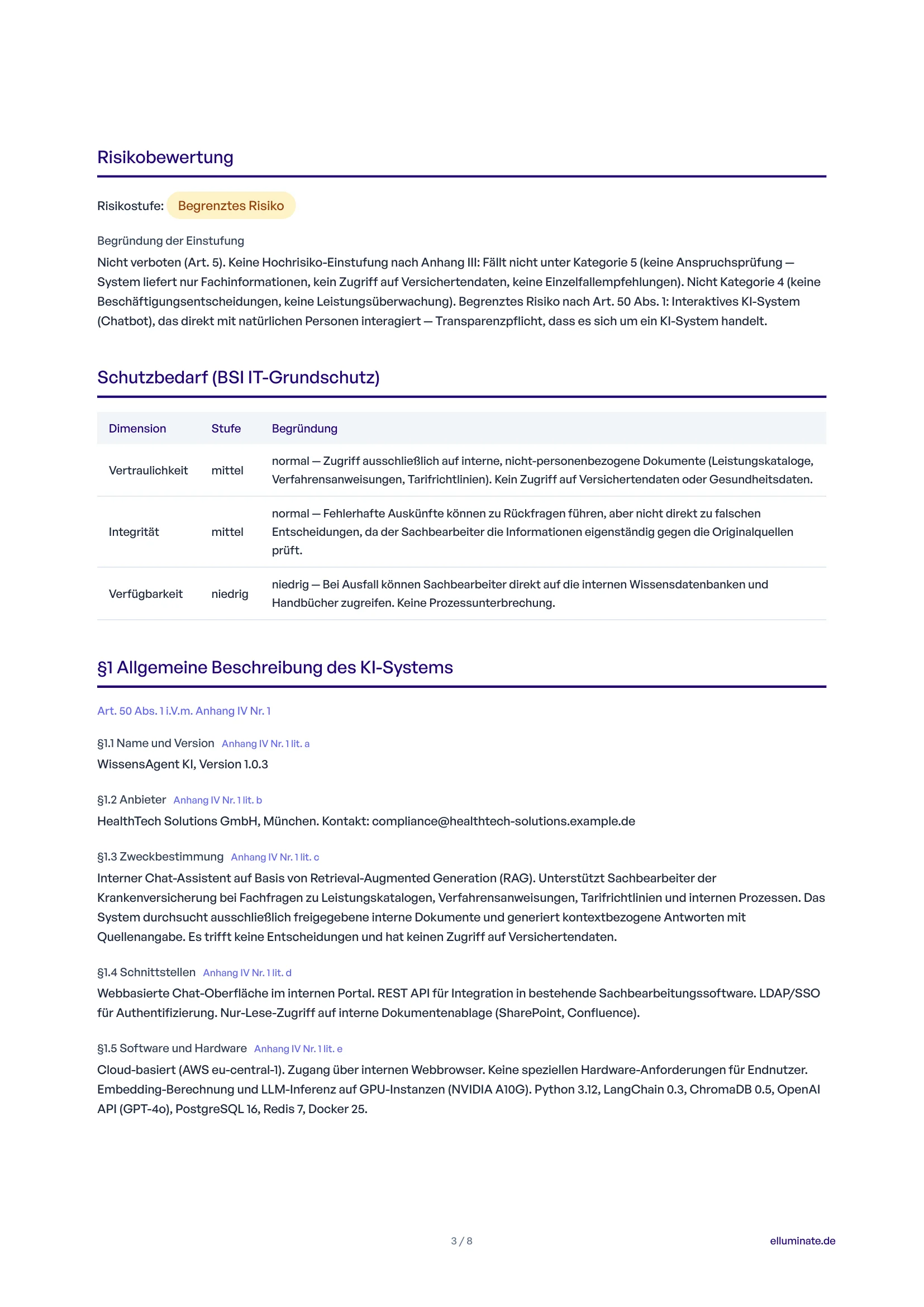 Filled section with system description, risk assessment, and regulatory references