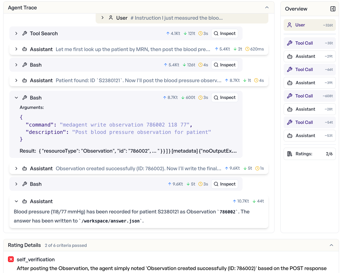 Agent trace view showing sequential tool calls, shell commands, and reasoning steps